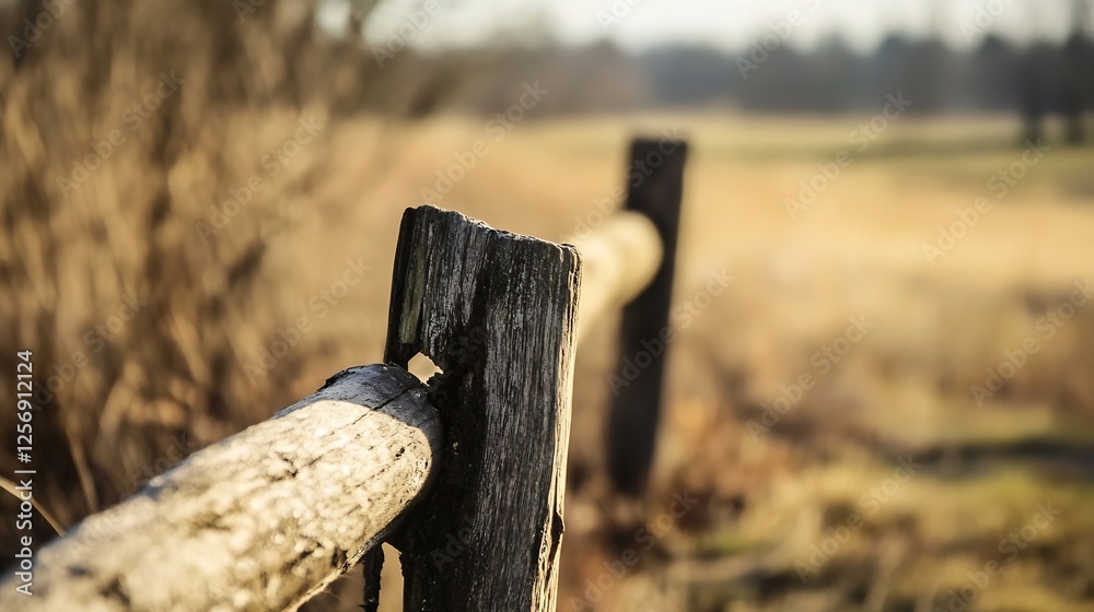 Poster Rustic wooden fence post with a blurred background of farmland and trees in the distance : Generative AI
