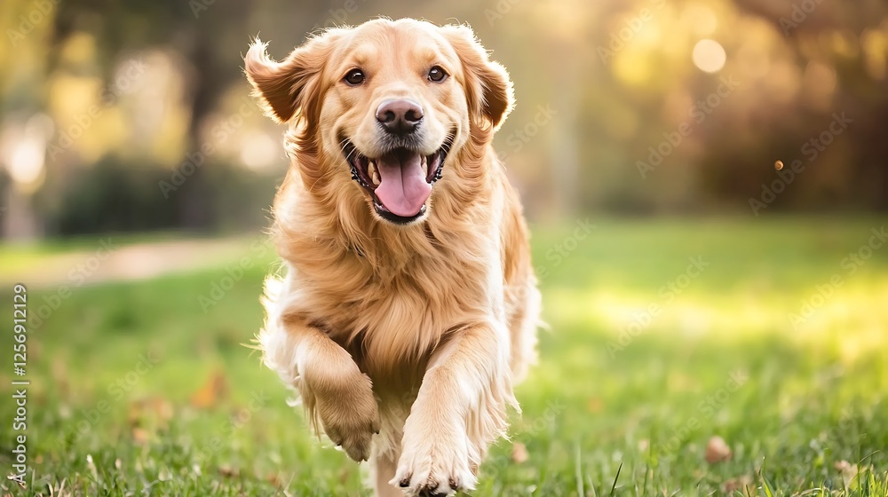 Aufkleber Happy golden retriever running joyfully in a green park during a sunny day with a smile : Generative AI