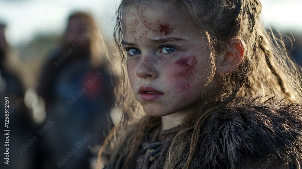 Poster intense close up of a young girl displaying fierce determination and resilience with a rugged backgr