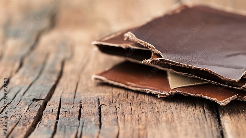 Poster textured closeup of leather pieces on a rustic wooden table showcasing craftsmanship and material qu