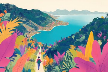 A vibrant landscape featuring a person walking down a colorful path surrounded by lush vegetation and overlooking a serene coastal view.
