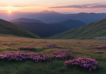 Obraz premium A stunning sunrise view of the Carpathian Mountains with vibrant pink and purple rhododendron flowers blooming on grassy hills. The sun illuminates the distant mountains, creating an enchanting scene.
