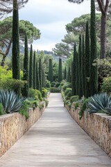 Obraz premium A serene garden unfolds beneath a cloudy sky, where a green pathway meanders through, flanked by majestic tall cypress trees, creating a picturesque scene