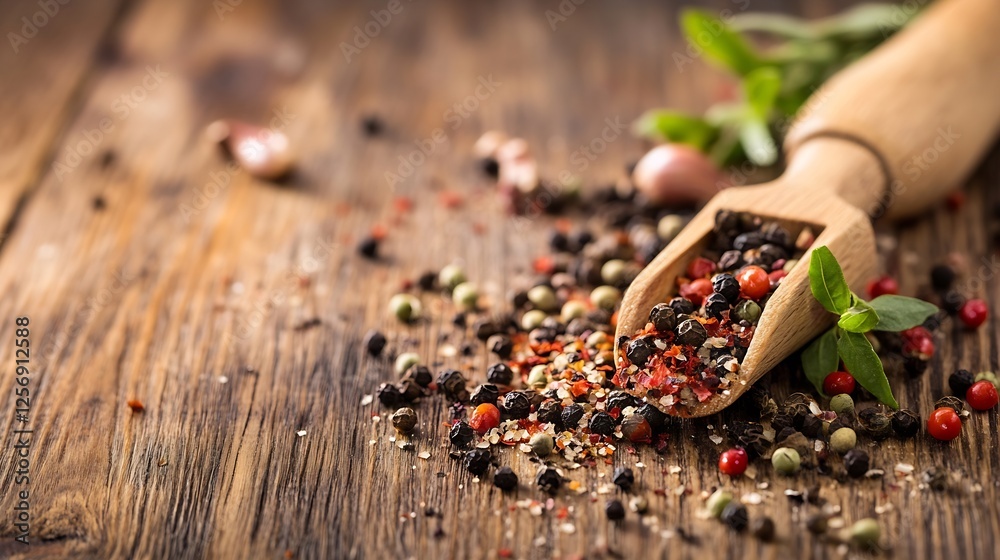 Poster aromatic mixed peppercorns spilled from a wooden scoop on a rustic wooden table : generative ai
