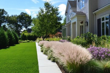 Obraz premium A stunning landscape design featuring a vibrant array of colorful flowers and lush greenery accentuates the elegance of a modern house, all under the warmth of a sunny sky