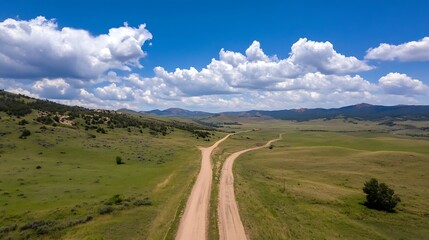 Breathtaking Scenic View of a winding Dirt Path Through Lush Green Fields Under Blue Sky : Generative AI