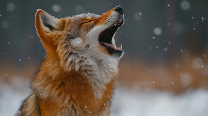 A lone wolf howling in the snow, mouth open in a winter landscape, symbolizing strength, solitude, and the untamed spirit of the wild, with a modern bright tone and empty space for captioning.

