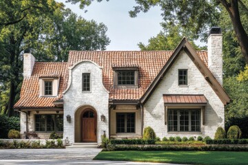Charming two-story house with stone exterior and red tile roof surrounded by lush greenery in a suburban neighborhood on a sunny day
