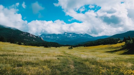 Obraz premium Breathtaking panorama of a green meadow with mountains under a vibrant blue sky filled with clouds : Generative AI