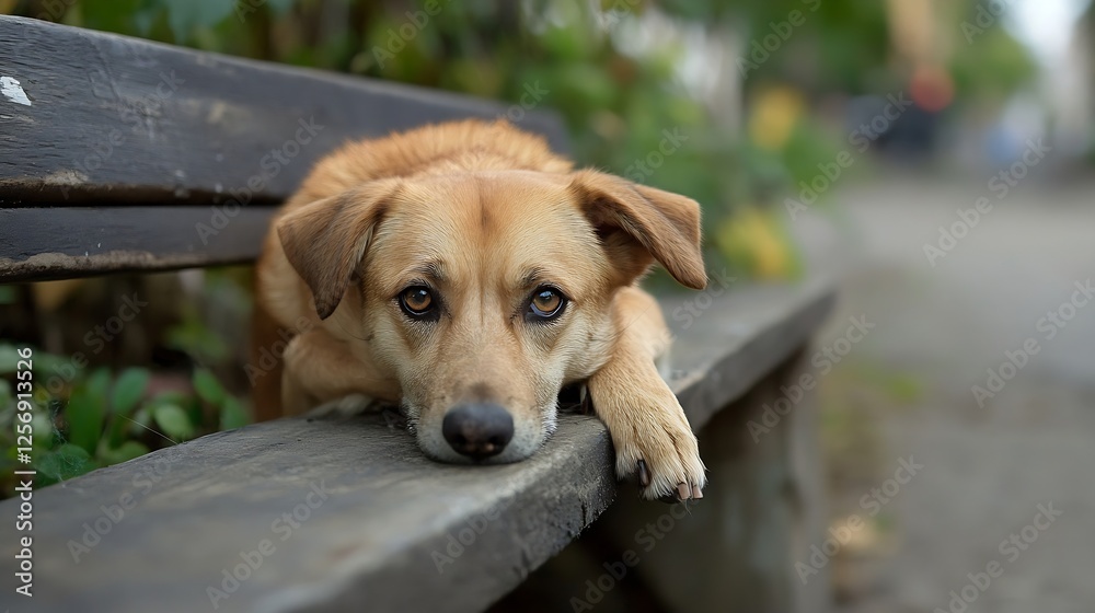 Poster adorable golden dog relaxing on a park bench with a thoughtful expression : generative ai