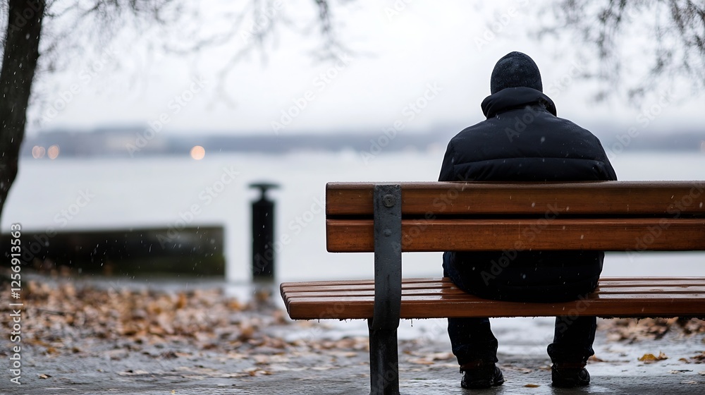 Poster lonely figure of a man wearing a black coat sitting on a bench by a lake in the rain : generative ai
