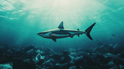 Fototapeta premium Majestic Shark Swimming Through Ocean Pollution and Plastic Debris