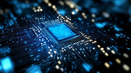 Close up of a modern microprocessor with intricate circuit patterns and glowing lights : Generative AI