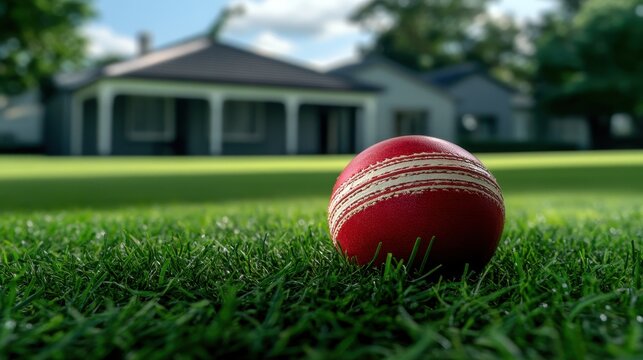 Vibrant Red Cricket Ball on Lush Green Grass in Tranquil Backyard Setting with House in Background