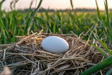 White Egg Nestled in Straw Surrounded by Green Grass at Sunrise in a Serene Natural Setting