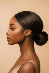 Elegant woman showcases a sleek low bun hairstyle in a beauty portrait against a neutral tone.