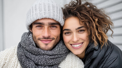 Warm couple sharing joyful moment, embracing in cozy winter attire