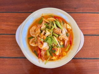 Stir fried shrimp with salted egg, famous delicious Thai food. Thai seafood recommend menu 