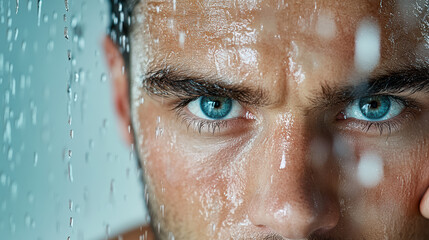 close up of man with blue eyes, water droplets on his face, and intense expression