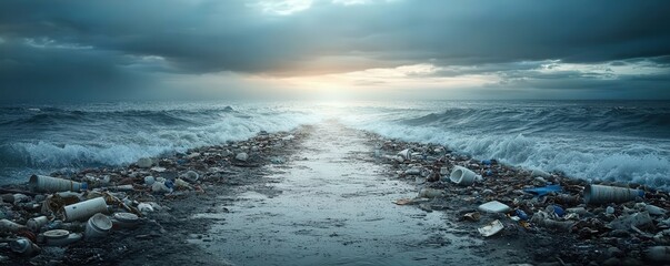 Waste and Pollution on a Beach with Ocean Waves and Dark Clouds