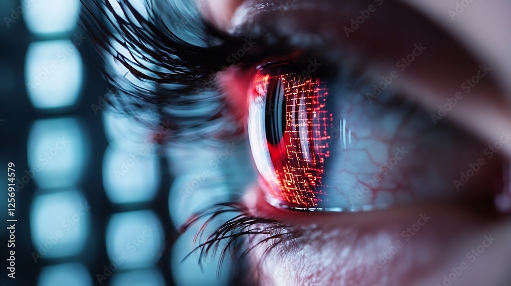 Poster Closeup of a human eye with a glowing digital overlay representing technology and data visualization : Generative AI