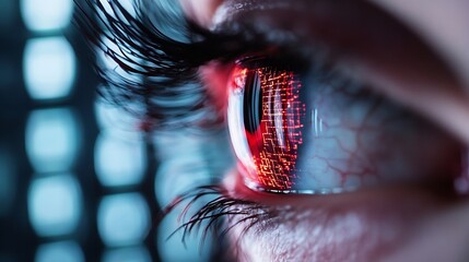Closeup of a human eye with a glowing digital overlay representing technology and data visualization : Generative AI