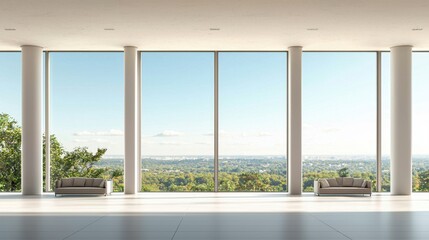 Fototapeta premium A breathtaking view of a green forest from a wide apartment window, with a vast open sky above. The clean interior and soft lighting offer ideal copy space.