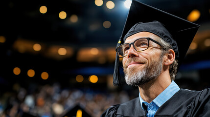 Fototapeta premium proud man in graduation cap and glasses, reflecting on achievements