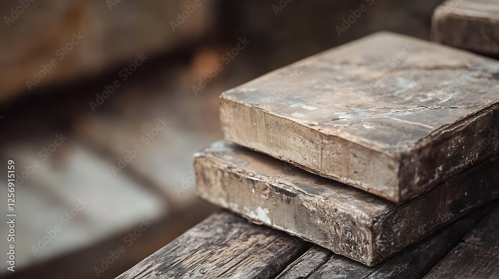 Leinwandbilder Closeup view of rustic wooden blocks stacked on old weathered boards in natural setting : Generative AI