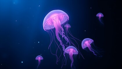 Naklejka premium Mesmerizing Abyss: Vibrant Jellyfish Casting Neon Light in a Futuristic Aquatic Realm