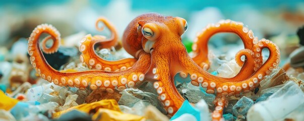 Fototapeta premium Vibrant Octopus Surrounded by Ocean Plastic Pollution Debris