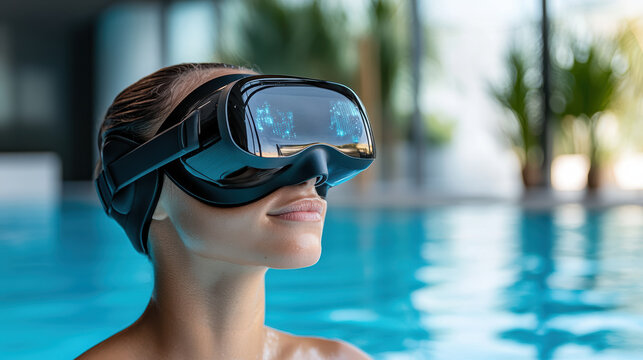 focused swimmer wearing virtual reality goggles in high tech pool