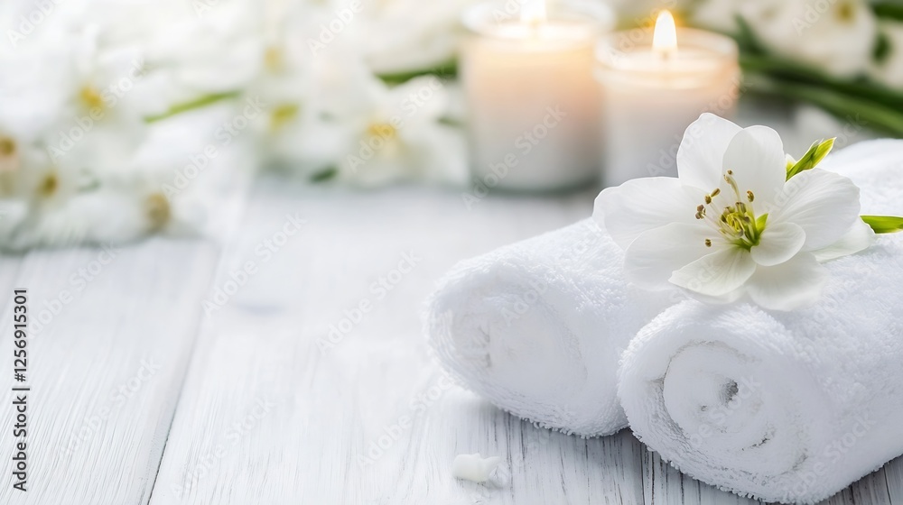 Poster Relaxing spa setting with rolled towels white flowers and lit candles in calming atmosphere : Generative AI