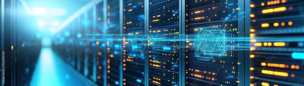 Poster Multiple servers arranged in a data center environment with cooling systems and network cables visible