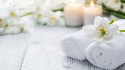 Relaxing spa setting with rolled towels white flowers and lit candles in calming atmosphere : Generative AI