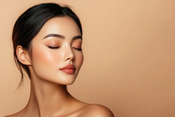 Fototapeta premium A beautiful Asian woman with radiant skin closes her eyes in a peaceful state of relaxation on beige.