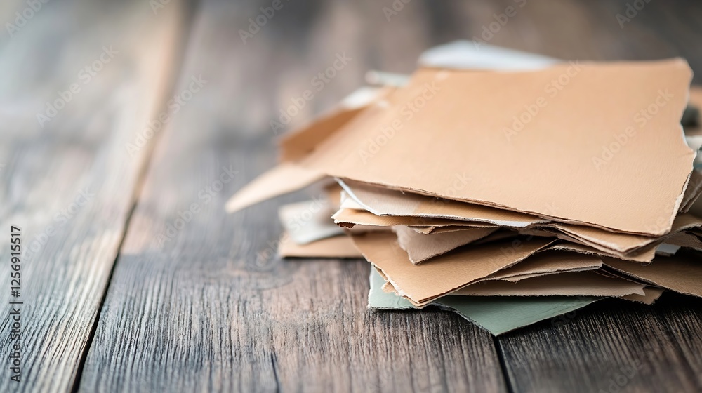 Aufkleber Closeup of assorted torn paper sheets stacked on rustic wooden surface creating an artistic texture : Generative AI