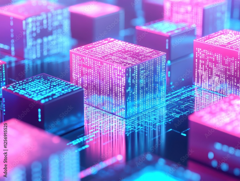 Poster a collection of pink and blue cubes arranged in an abstract pattern on a white background