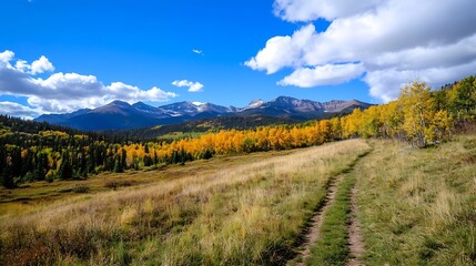 Beautiful Mountain Trail Surrounded by Autumn Foliage and Clear Blue Sky : Generative AI
