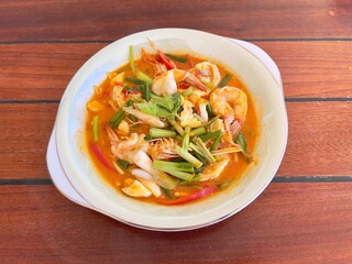 Stir fried shrimp with salted egg, famous delicious Thai food. Thai seafood recommend menu 