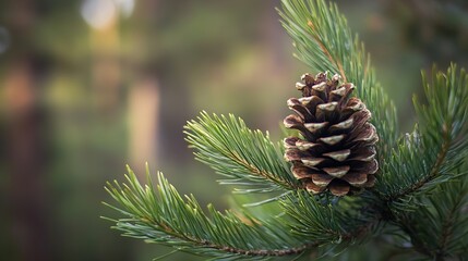 Closeup view of a pine cone on a tree branch surrounded by lush green foliage in a forest setting : Generative AI