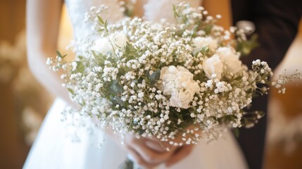 A close-up of gypsophila in a wedding bouquet, with its tiny white blossoms adding texture and softness among larger flowers, perfect for a romantic and fresh aesthetic.