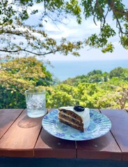 Prunes cake on dish with sea view background , selective focus with blurred sea view and forest background 
