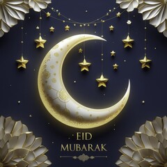 Fototapeta premium Serene Crescent Moon with Golden Patterns and Floral Geometric Design, Glowing Against Dark Blue Background, Featuring 'Eid Mubarak' in Luxurious Font, Generative AI