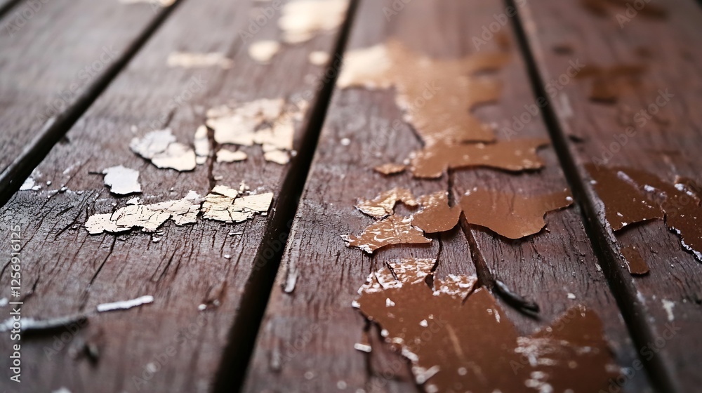 Poster Abstract view of peeling paint on wooden surface showcasing layers of texture and age : Generative AI