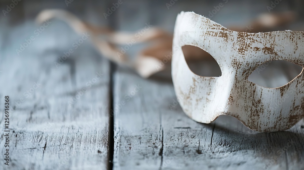 Poster vintage style white mask with textured surface on wooden background for artistic expression : genera