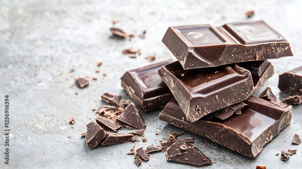 Poster Dark chocolate pieces on a textured concrete surface creating an inviting scene for chocolate lovers : Generative AI