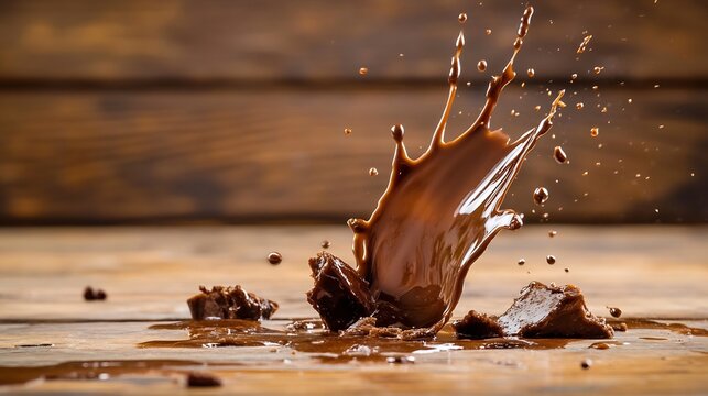 Delicious molten chocolate splashing over a rustic wooden table creating a tempting scene : Generative AI