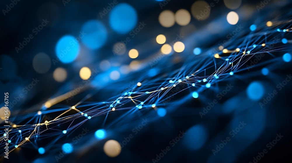 Leinwandbilder Abstract digital network with glowing blue and yellow lights creating an interconnected web : Generative AI