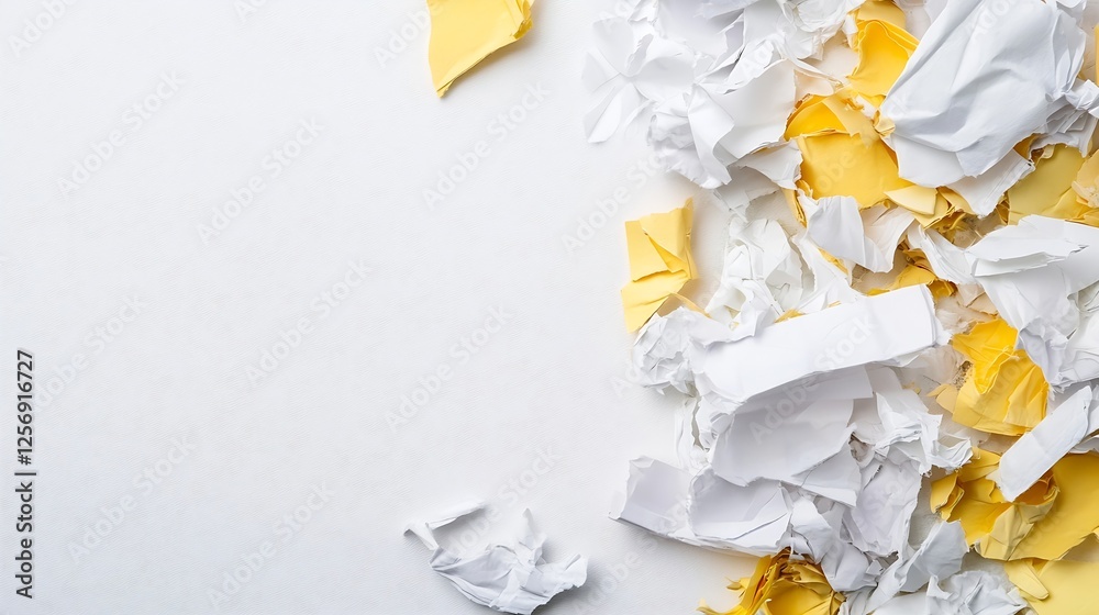 Poster crumpled paper scraps in various shades of white and yellow scattered on a plain background : genera
